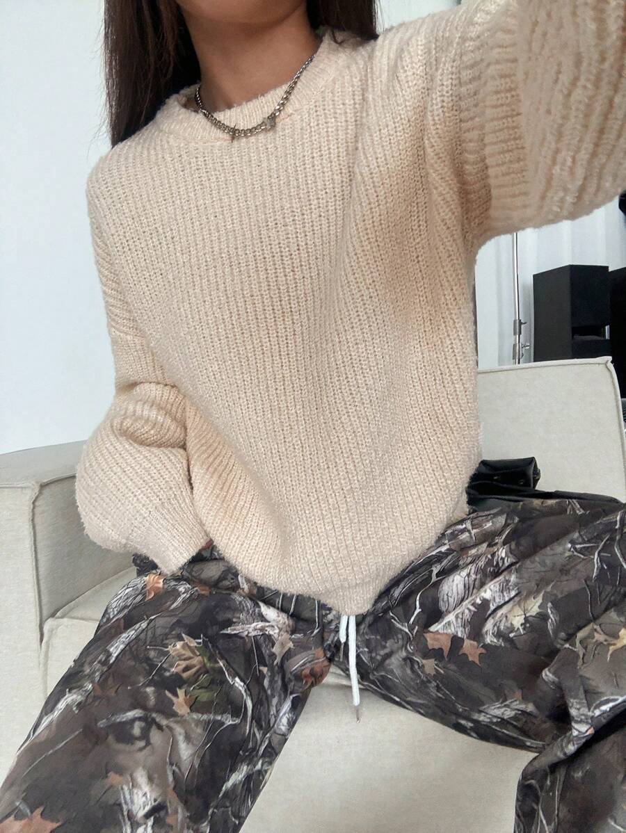 Lunelith SHEIN Lunessa 1pc Apricot Loose, Textured, Versatile, Minimalist Women Sweater For Home, Commute, Photoshoot Knit Pullover Fall Winter Outfit