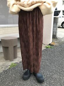 FRIFUL 女士休闲纯色纹理面料直筒长裙，秋冬 - 棕色 - 查看 4