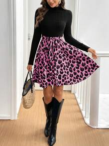 SHEIN Frenchy Women's Solid Color Patchwork Stand Collar Long Sleeve Front Tie Simple Casual Short Dress