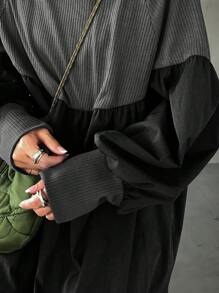 FRIFUL 女式纯色拼接圆领长袖休闲中长连衣裙 - 灰色 - 查看 6