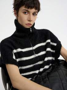 Aalyst 女士休闲日常拼色条纹蝙蝠袖半拉链开衫毛衣背心