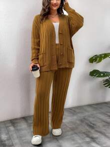 Calvaya Conjunto de top minimalista de manga larga con botones y bolsillo y pantalones en unicolor para tallas grandes