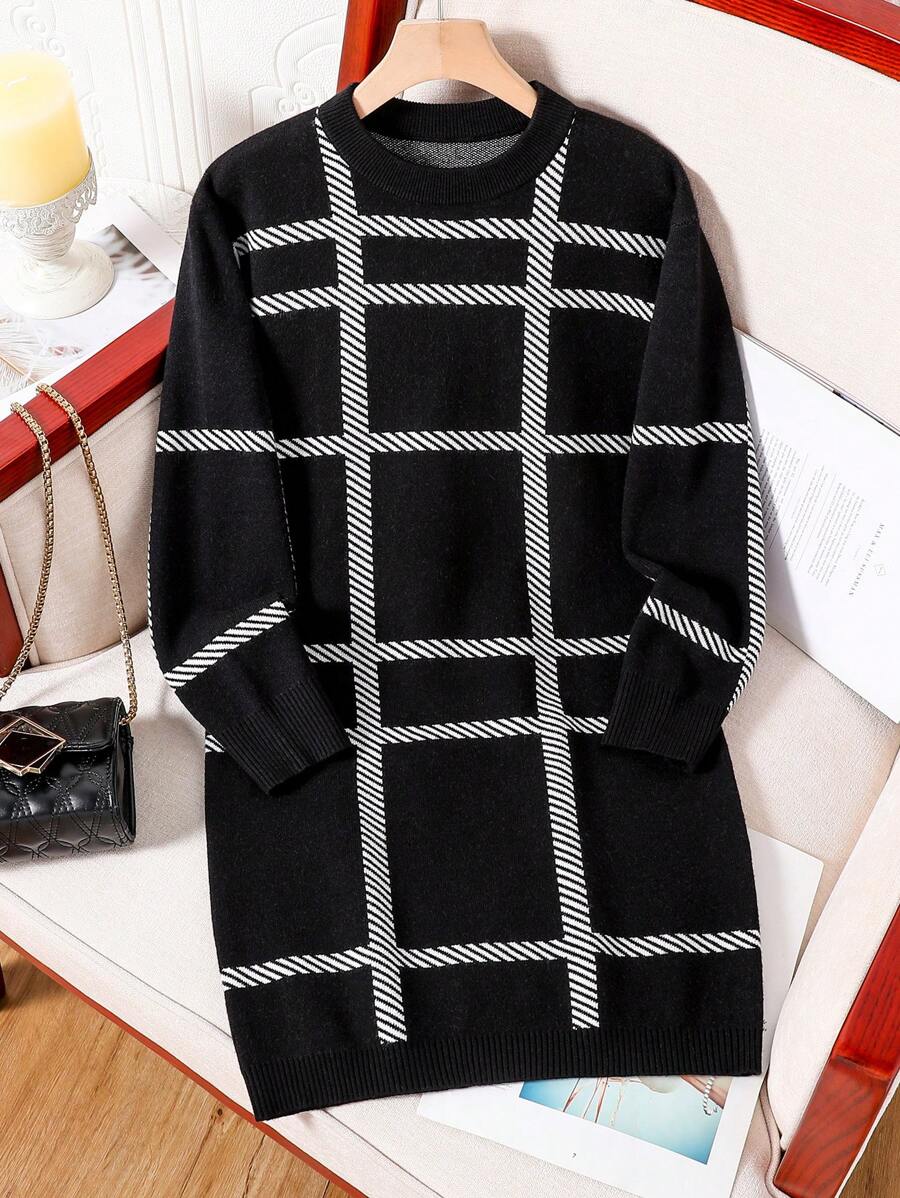 Tween Girl Classic Round Neck Long Sleeve Mid-Length Elegant Dress, Girls Autumn Outfit Plaid Mid-Length Knitted Long Dress, Girls Autumn Outfit - Black - View 1
