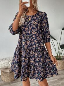 SHEIN LUNE Vestido midi de talla grande con estampado floral menudo, vestido corto casual con mangas de obispo, atuendo de Acción de Gracias y Año Nuevo para mujeres