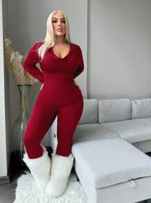SHEIN SXY Mono de cuello alto ajustado cómodo para mujer talla grande para otoño e invierno, apto para Navidad - Burdeos - Ver 5