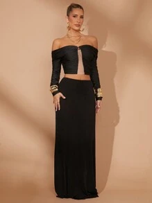 Lumalex 1pc Women Off-The-Shoulder Long Sleeve Blouse With Metal Decor And Ruched Details - Black - View 5