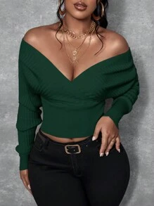 SHEIN SXY Jersey informal de mujer de manga larga con escote en V - Verde Oscuro - Ver 5