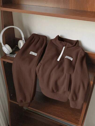 2pcs Tween Boy Fleece Collar Jacket And Sweatpants Set, Suitable For Commuting, School, Casual, Sports, Can Be Paired With Boys Coats, Kids Coats, Boys Long Sleeve Shirts, Christmas Sweatshirts, Christmas Pants, Boys Jackets, Long Sleeve Blouses