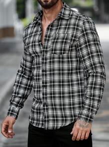 Manfinity LEGND Camisa casual de manga larga con botones delanteros, bolsillo parche y estampado de cuadros, camisa de salida con cuello casual, versátil para hombres
