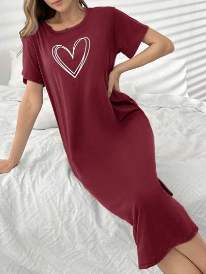 Crew Neck Short Sleeve Minimalist Heart Print Nightgown, Moo view 6