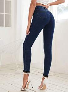 SHEIN Essnce Casual Thickened Slim-Fit Denim Jeans, Autumn/Winter - Blue - View 2