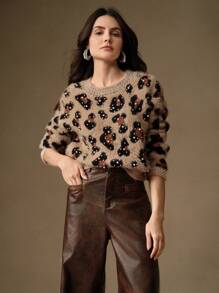 Anewsta Leopard Print Studded & Rhinestone Fluffy Long Sleeve Sweater Top, Women New Year , Spring/Autumn Knit Pullover Fall Winter - Khaki - View 1