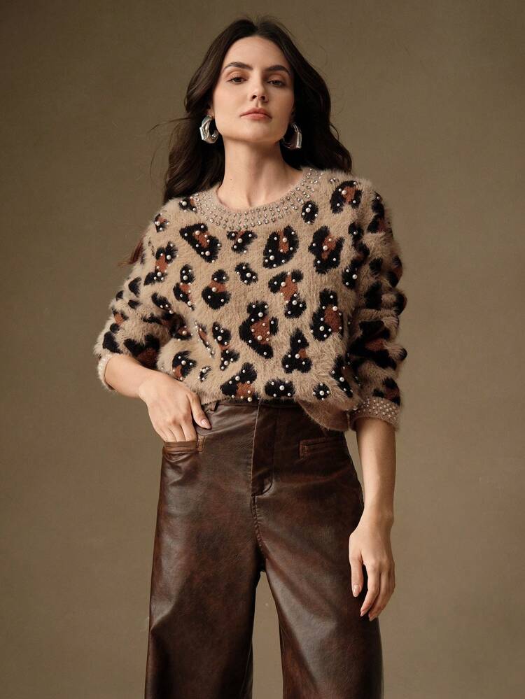 Leopard Print Studded & Rhinestone Fluffy Long Sleeve Sweater Top, Women New Year , Spring/Autumn Knit Pullover Fall Winter