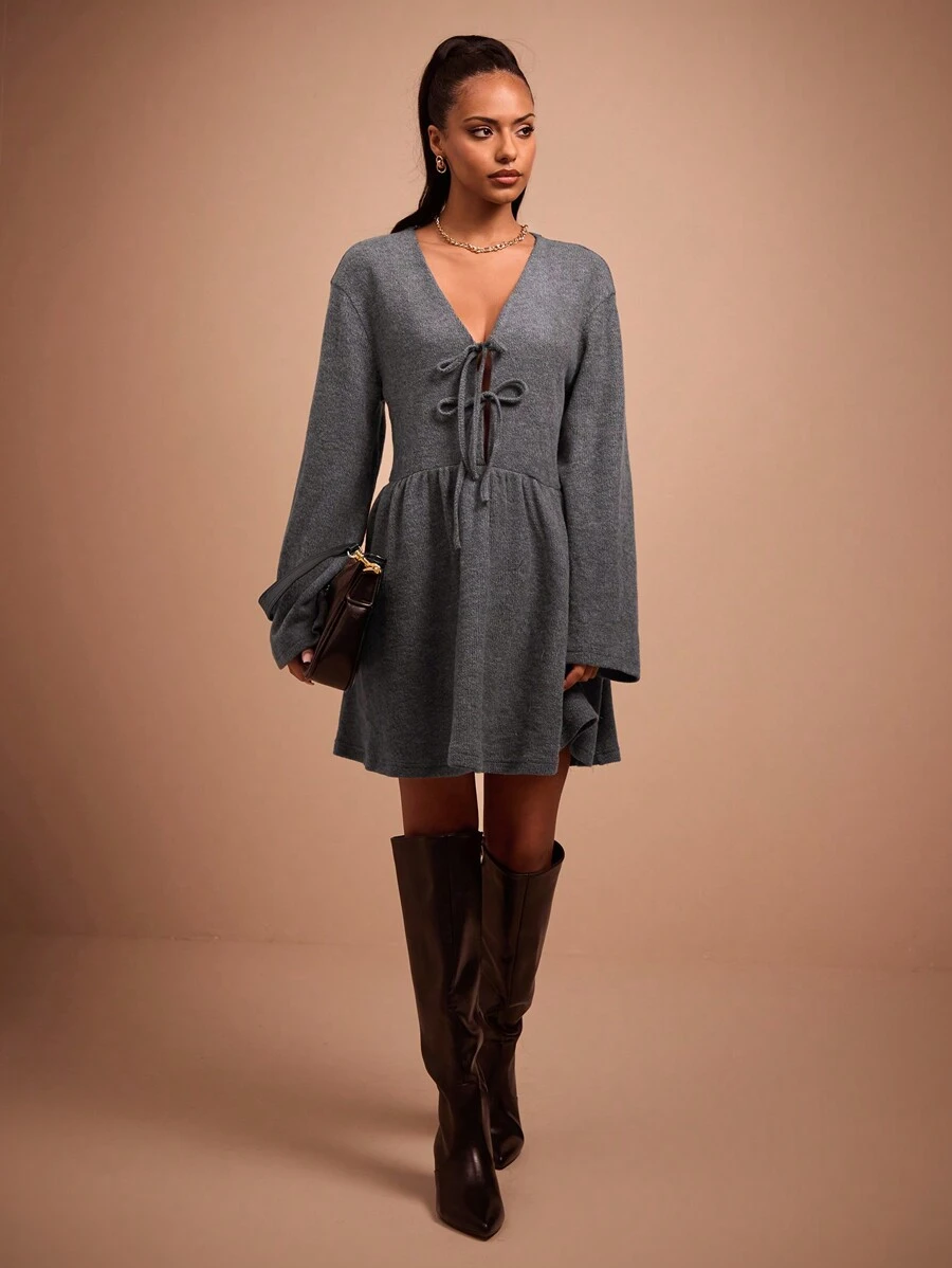 COSMINA Women's Front Tie Long Sleeve Pleated Casual Mini Dress, Minimalist Style - Dark Grey - View 1
