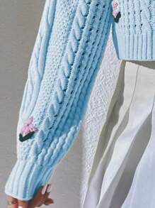 SHEIN Unity 花卉刺繡網眼針織落肩袖套頭毛衣 - 淺藍色 - 查看 8