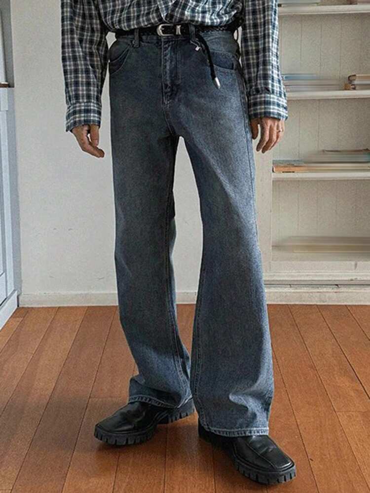 Men's Solid Color Blue Pocket Straight Loose Casual Jeans, Autumn