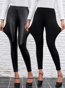 SHEIN Clasi PU Velvet And Solid Velvet Leggings - Suitable As Base Layer For Autumn/Winter - Black - View 3