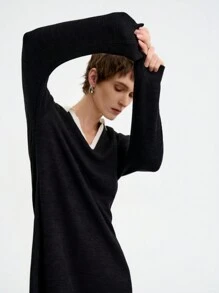 SHEIN LUNE 女士简约纯色针织宽松 POLO 领连衣裙，秋冬季简约风格 - 黑色 - 查看 6