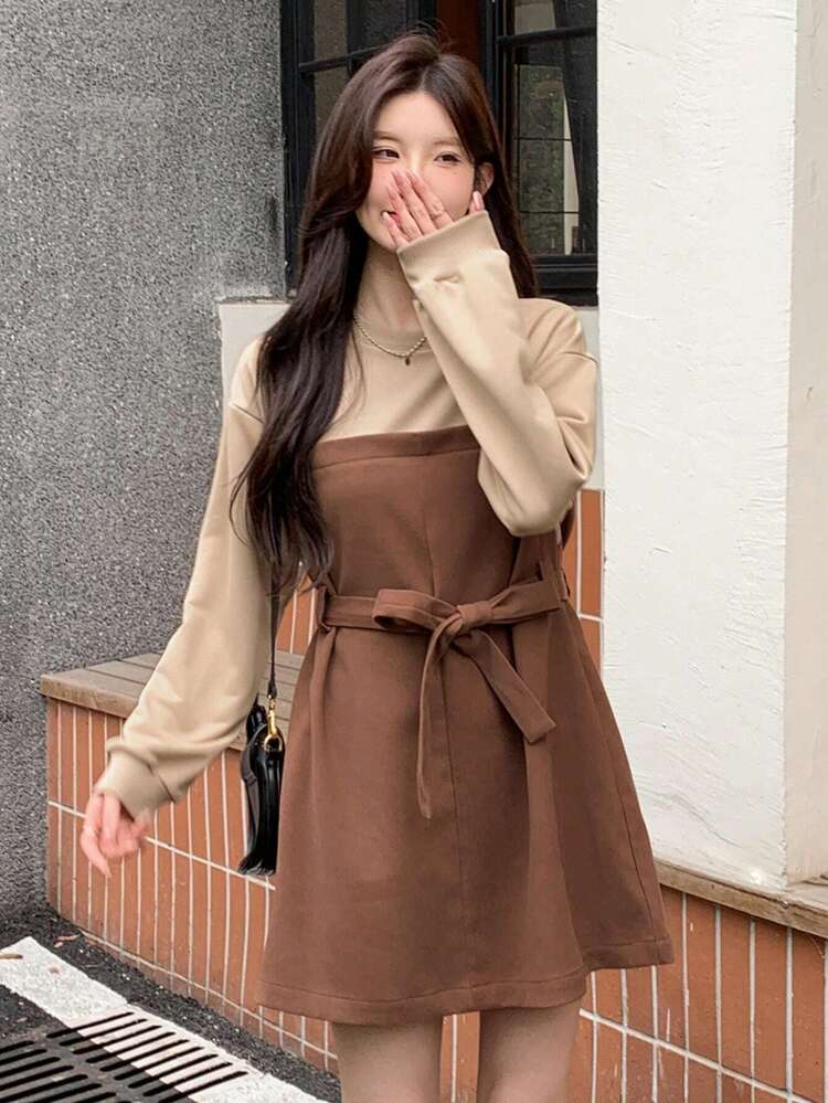 Women's Solid Color Splice Round Neck Long Sleeve Front Tie Casual Short Skater Dress,Fall Dress