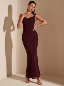 SHEIN BAE Elegante vestido ceñido de color burdeos sexy con espalda descubierta, tirantes cruzados y volantes en el bajo, adecuado para citas diarias, salidas, reuniones en clubs nocturnos y fiestas