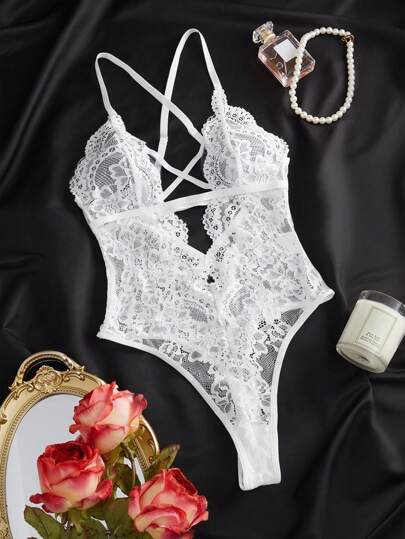 Bloemen Kanten Criss Cross Teddy Bodysuit Lingerie UnderwearOuter view 6