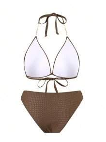 Swim DD+ Damen Bikini Set mit einfarbiger, bügelfreier Push-Up Schalen Verzierung, sexy für den Sommer