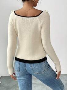 SHEIN Unity Suéter de mujer con cuello de barco, manga raglán y decoración de flor 3D, jersey de punto de otoño/invierno - Albaricoque - Ver 2