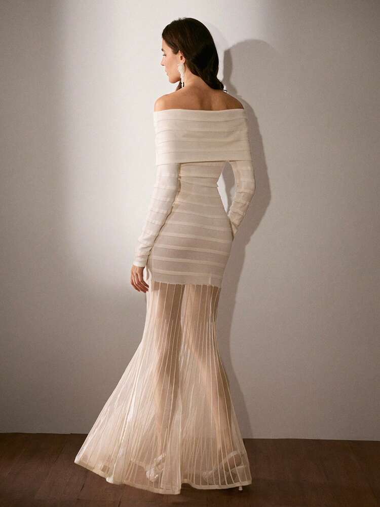 Vestido elegante de mujer con hombros descubiertos, semitransparente, con rayas y dobladillo de cola de pez, adecuado para fiestas, Outfit largo de Fin de Año para mujeres