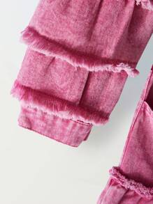 SHEIN Girls Pre-Teen Floral Ruffle Design Loose Cropped Top & Elastic Waist Two-Layer Ruffle Mini Skirt 2pcs Set - Hot Pink - View 4