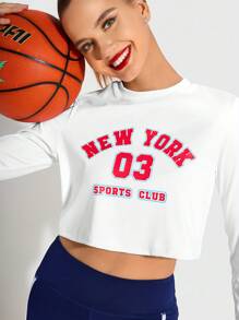 SHEIN Sports Women's Round Neck Long Sleeve Letter Print Casual Sports Suit For School & Cheerleader - Blue - View 4