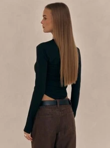 MUSERA Asymmetrical Hem Long Sleeve Top Casual Summer Spring - Black - View 2