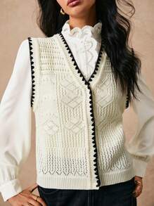 Poéselle Damski swobodny kontrastowy kolor wykończenia Hollow Knit sweter kamizelka na jesień
