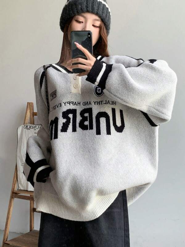 DAZY Women's Contrast Color Long Fur Loose Pullover Sweater