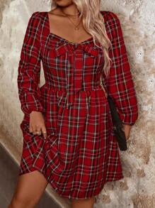 EMERY ROSE Plus Size Women's Casual Plaid Bow Tie Sweetheart Neck Lantern Sleeve Dress, Spring/Summer For New Year Fall Cloth For Women - Red - View 4