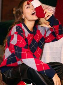 AiiRZ Preppy Argyle Pattern Knit Jumper Sweater Fall Winter Collegiate Style Retro Varsity Academic Fashion - Multicolor - View 5