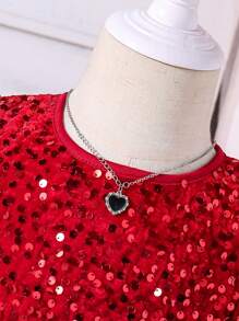 Glamorique Kids Đầm công chúa thanh lịch cổ tròn tay dài đính sequin trang trí nơ lưới cho bé gái giáng sinh - Đỏ - Xem 6