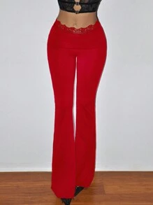 SHEIN ICON Slim Fit Waist Folding Lace Detail Casual Flare Women Pants