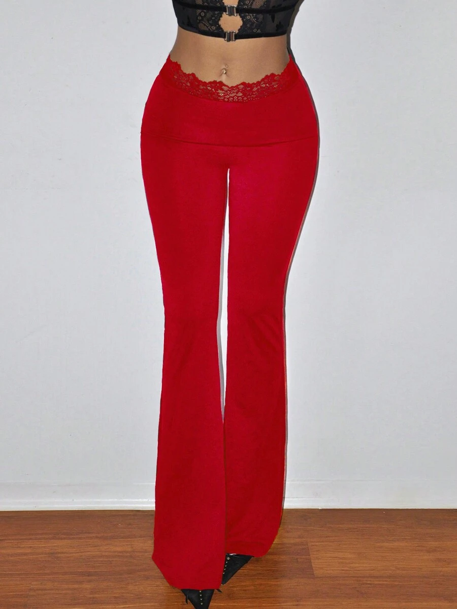 SHEIN ICON Slim Fit Waist Folding Lace Detail Casual Flare Women Pants