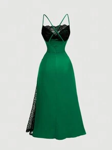 SHEIN MOD Robe vert femme à col drapé avec patchwork de dentelle, robe femme, robe femme pour le nouvel an, robe vampire, gothique, robe élégante, tenue femme, vêtements d'automne femme robe, robe verte sexy, costume de diable, robe vampire, robe de sorcière, tenue pour le Jour des Morts
