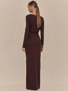 MUSERA 褶皱修身长袖连衣裙，适合婚礼宾客、毕业典礼、夏季伊比沙岛派对等场合，尽显优雅时尚 - 棕色 - 查看 5