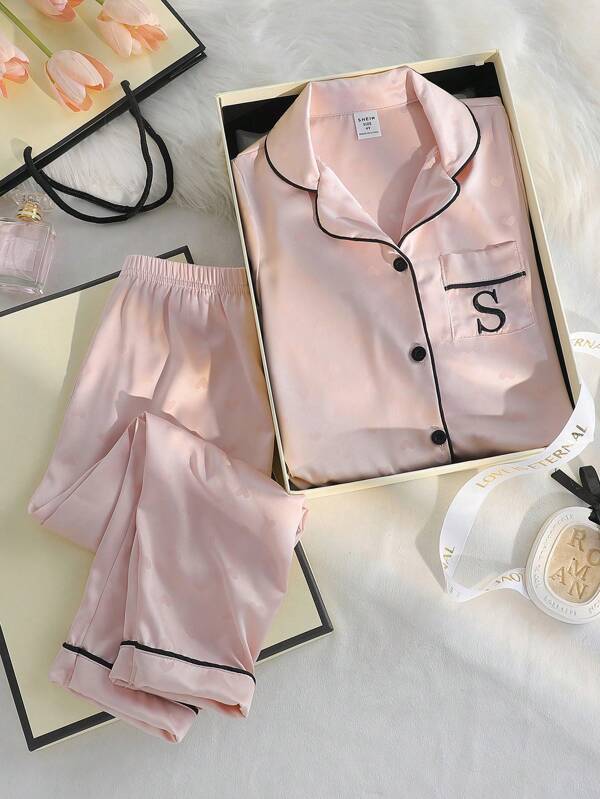 Young Girl Pink S Pattern Jacquard Soft Fabric Embroidered Letter Long Sleeve Top And Pants Casual Lounge Pajama Set