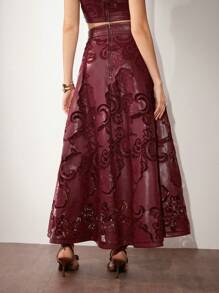 Anewsta Falda midi elegante de cintura alta en A con bordado de PU, burdeos