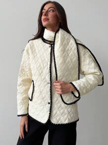 Aloruh Nueva chaqueta gruesa de color block con cuello de bufanda, bolsillos, para esquiar, pasear o salir, en diseño sencillo y liso - Beis - Ver 3
