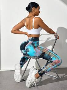 SHEIN Sport Studio Tie Dye Mesh High Waist Tight Yoga Leggings, Suitable For Yoga And Exercise