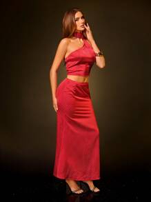 SHEIN SXY Elegant Retro Red Polka Dot 2 Pieces Set: Long Neck Tie Decoration & High Waist Mermaid Skirt, Suitable For Party, Gathering, Date