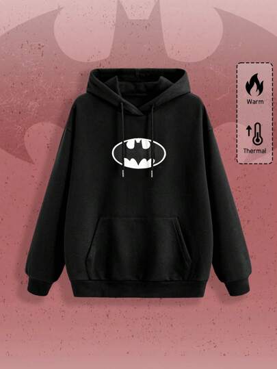Batman X ROMWE Women's Casual Bat Print Drawstring Hooded Sweatshirt, Autumn
