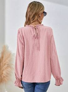 SHEIN LUNE 宽松荷叶边下摆纯色休闲长袖衬衫 - 粉色 - 查看 2