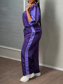 Slaydiva 2pcs Women Plus Size Casual & Sports Set: Contrast Striped V-Neck Raglan Sleeve Top And Wide Leg Pants With Drawstring Waist, Spring/Autumn - Purple - View 5