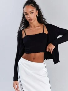 Athîral Bộ 2 áo ba lỗ và áo len cardigan cho nữ, áo sơ mi dài tay tối giản thường ngày và quần dài, mặc hàng ngày - màu đen - Xem 4