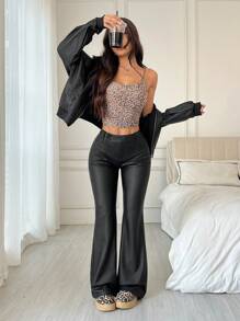 SHEIN EZwear Women's New Arrival Casual Versatile Solid Color Flared Pants - Black - View 4